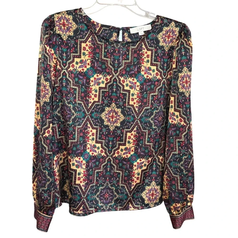 Loft Blouse Womens Large Multicolor Geometric Medallion Satin Puff Sleeve Boho